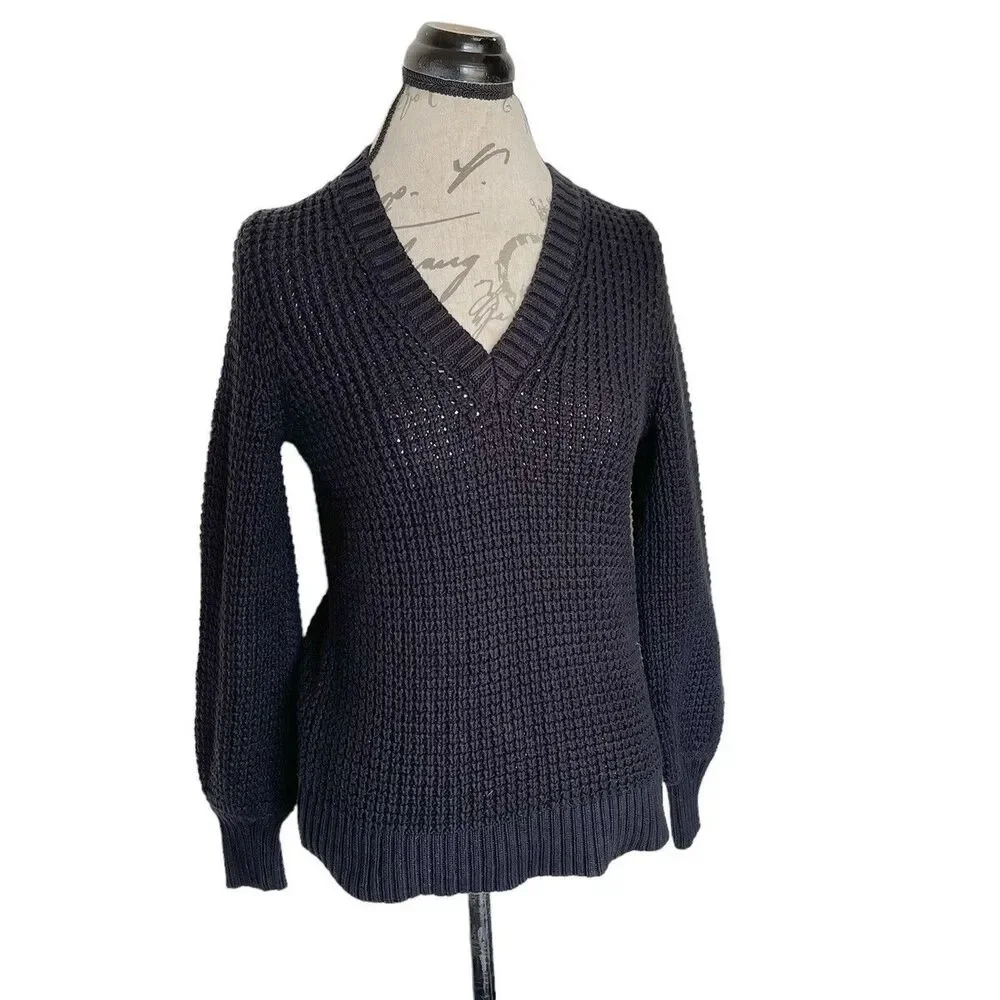 J.Crew Black Waffle Chunky Knit Sweater Balloon Sleeve Casual Small S Preppy